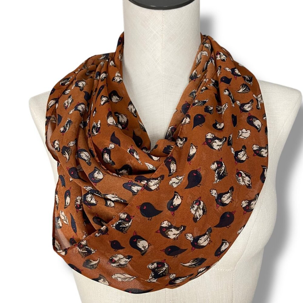 Infinity Scarf Bird Print Gauzy Brown Semi-Sheer Women 18" Wide Twee Cute Kawaii